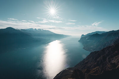 Scenic view of sea and mountains against sky