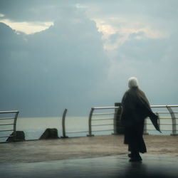 Rear view of man standing on railing against sea