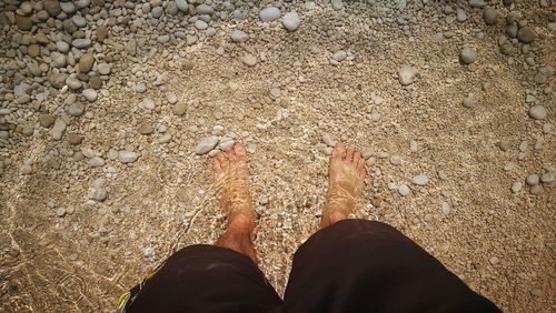 Low section of person standing on sand at beach