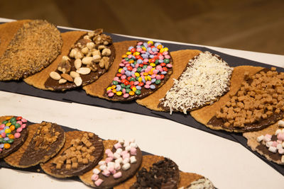 High angle view of dessert on table