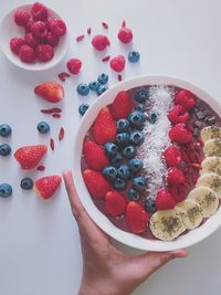 High angle view of strawberries in bowl