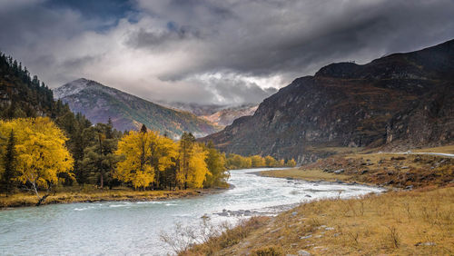 Scenic view of lake by mountains against sky