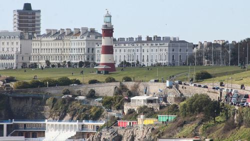High angle view of buildings in city