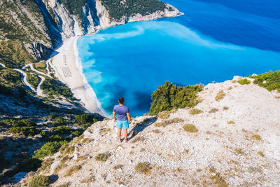 High angle view of man on rocks at shore