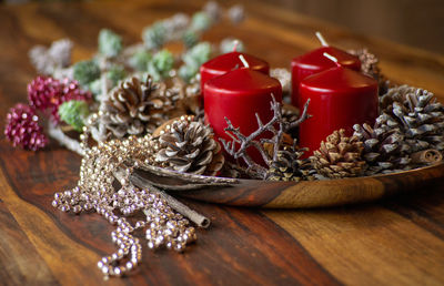 Close-up of christmas decorations on table