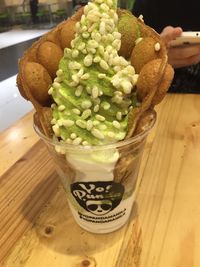 High angle view of dessert on table