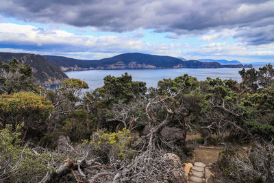 Scenic view of bay against sky