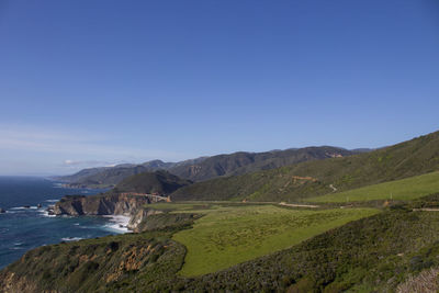 Scenic view of sea and mountains against clear blue sky