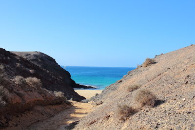 Scenic view of sea against clear blue sky