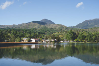 Scenic view of lake and mountains against sky