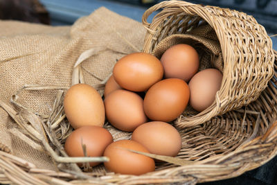 High angle view of eggs in basket