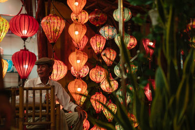 Close-up of illuminated lanterns