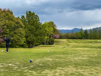 Trees growing on golf course against sky