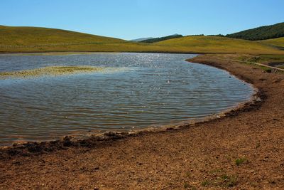 Scenic view of lake against clear sky