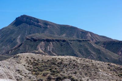 Scenic view of rocky mountains against clear blue sky