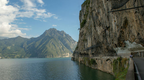 Panoramic view of lake against cloudy sky