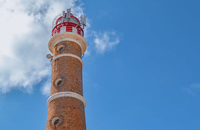 Low angle view of lighthouse against building