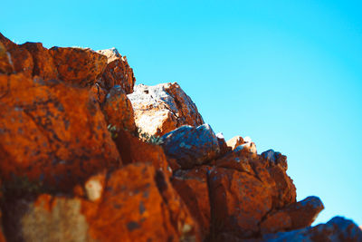 Close-up of rock formation against clear blue sky