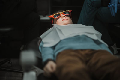 High angle view of woman with dog