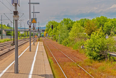 Railway tracks amidst trees against sky