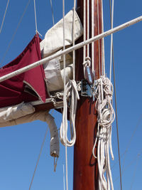 Low angle view of mast against clear blue sky