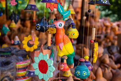 Beautiful handmade wind chimes made of clay at the small town of raquira . city of pots in colombia