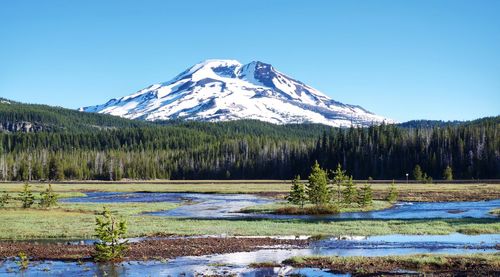 Scenic view of snowcapped mountains against clear blue sky