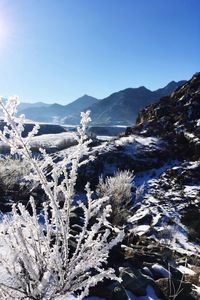 Scenic view of snowcapped mountains against clear blue sky