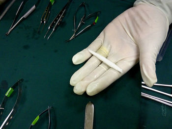 High angle view of person preparing food on table