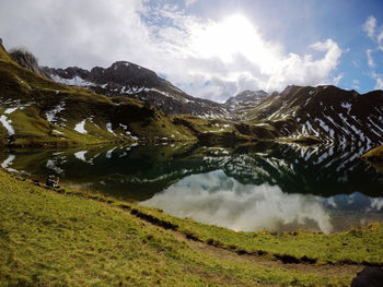 Scenic view of lake and mountains against sky