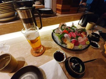 High angle view of meal served on table