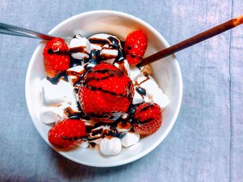 High angle view of dessert in plate on table