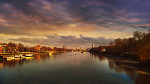 City at waterfront during sunset