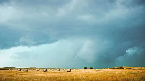 Panoramic view of hay bales on field against sky