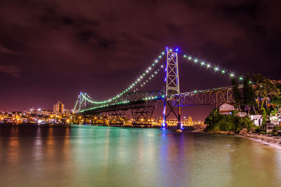 Illuminated suspension bridge over river at night