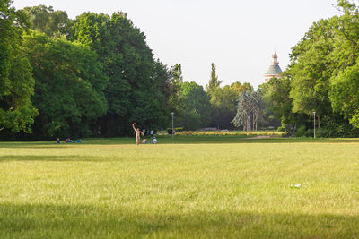 People playing soccer on field against trees