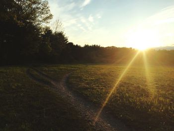 Scenic view of grassy field against sky at sunset