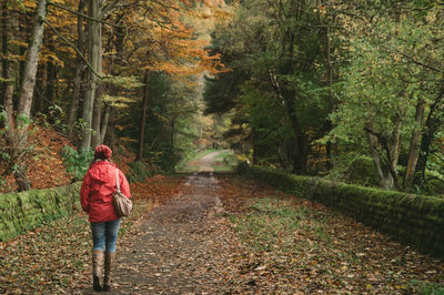 Rear view of woman walking on road amidst trees in forest