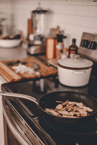 High angle view of food preparing on stove at kitchen