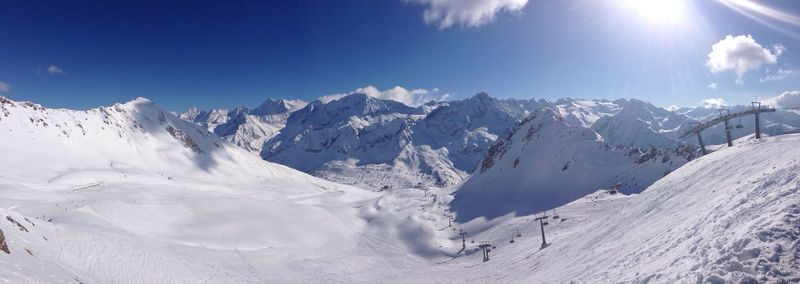 Scenic view of snow covered mountains against sky