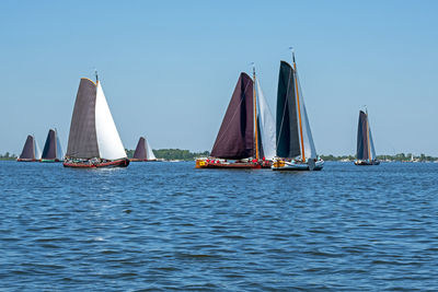 Traditional frisian wooden sailing ships in a yearly competition in the netherlands