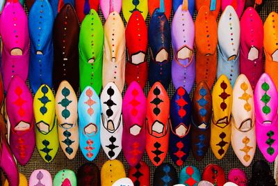 Full frame shot of colorful babouches arranged at market for sale