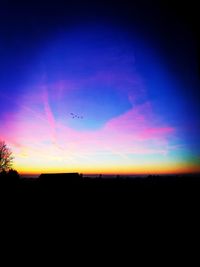 Silhouette birds flying against sky during sunset