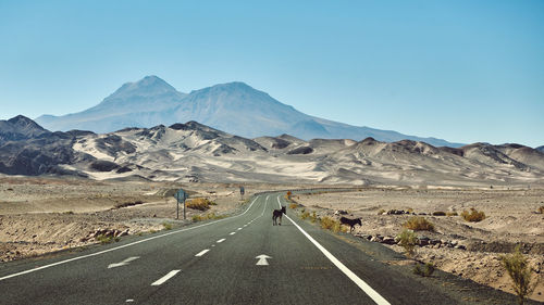 Scenic view of mountains in desert with country road against clear sky