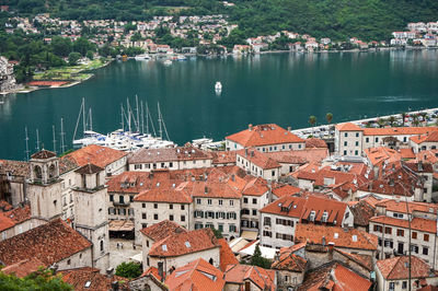 High angle view of buildings in town