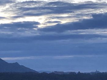 Scenic view of silhouette mountains against sky