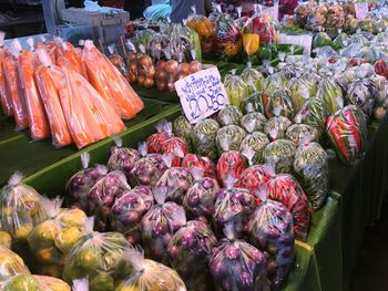 High angle view of vegetables for sale at market stall