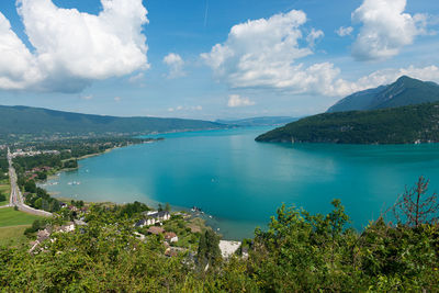 High angle view of bay against sky