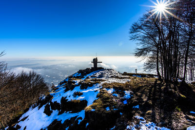 Scenic view of snow covered field against sky