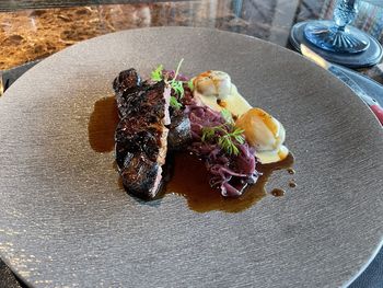 High angle view of breakfast served on table